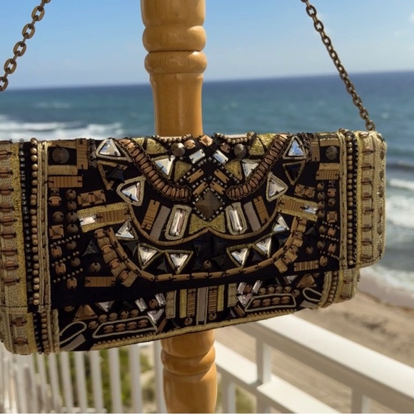 Chico's Handbags - CLUTCH Black and Gold Embellished Clutch with or without chain.